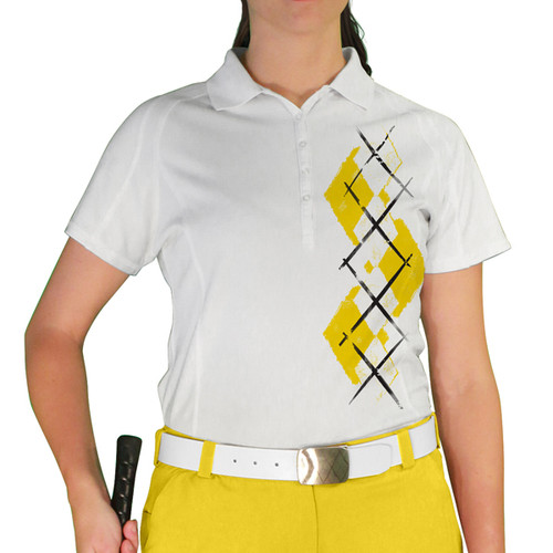 Ladies Sport Pro Dry White Microfiber Shirt with Yellow and White Argyle Paradise Design Front