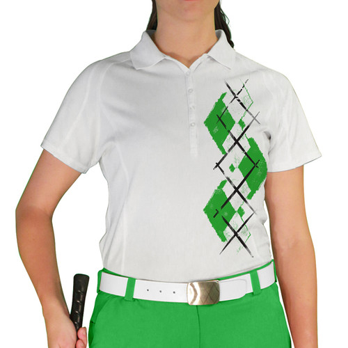 Ladies Sport Pro Dry White Microfiber Shirt with Lime Green and White Argyle Paradise Design Front