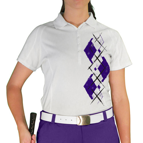 Ladies Sport Pro Dry White Microfiber Shirt with Purple and White Argyle Paradise Design Front