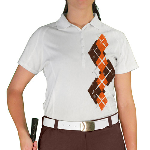Ladies Sport Pro Dry White Microfiber Shirt with Brown and Orange Argyle Paradise Design Front