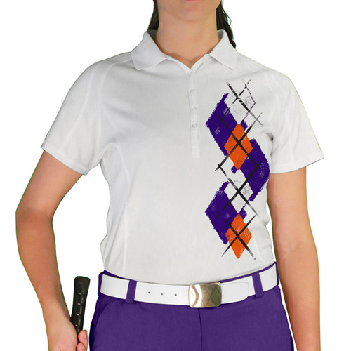 Ladies Sport Pro Dry White Microfiber Shirt with Purple, Orange and White Argyle Paradise Design Front