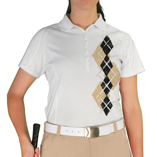 Ladies Sport Pro Dry White Microfiber Shirt with Khaki and Black Argyle Paradise Design Front