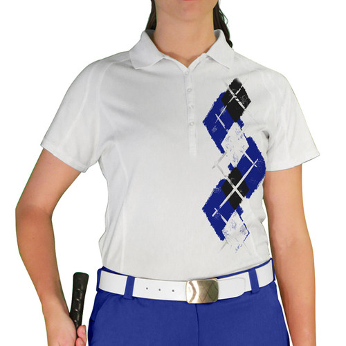 Ladies Sport Pro Dry White Microfiber Shirt with Royal Blue, Black and White Argyle Paradise Design Front