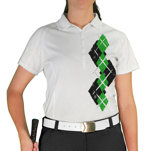 Ladies Sport Pro Dry White Microfiber Shirt with Black and Lime Green Argyle Paradise Design Front