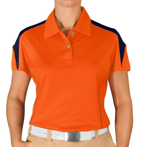 Ladies Sports Microfiber Duel Tone Caddie Orange and Navy Blue Shirt Front