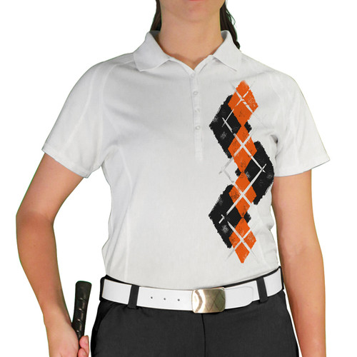 Ladies Sport Pro Dry White Microfiber Shirt with Black and Orange Argyle Paradise Design Front