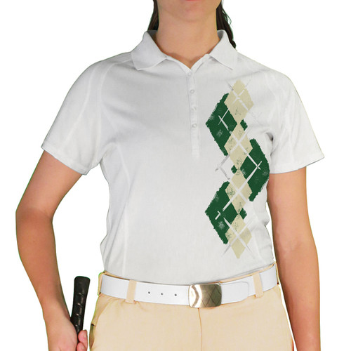 Ladies Sport Pro Dry White Microfiber Shirt with Dark Green and Natural Argyle Paradise Design Front