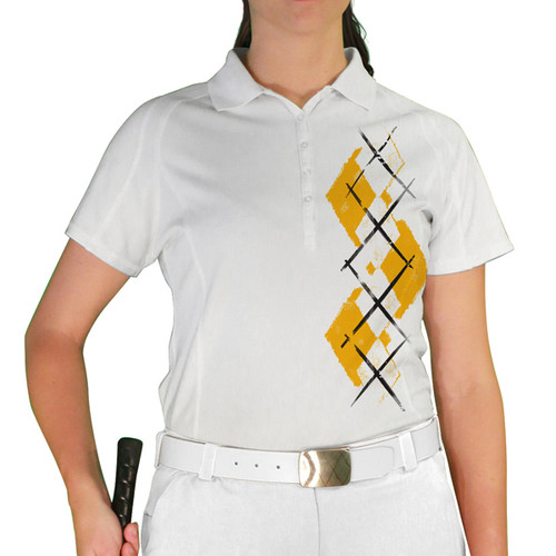 Ladies Sport Pro Dry White Microfiber Shirt with Gold and White Argyle Paradise Design Front