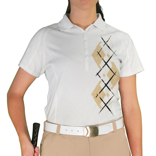 Ladies Sport Pro Dry White Microfiber Shirt with Khaki and White Argyle Paradise Design Front