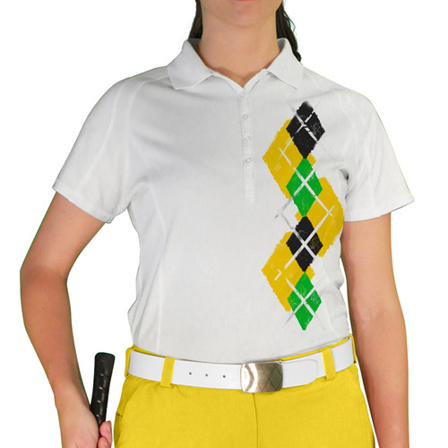 Ladies Sport Pro Dry White Microfiber Shirt with  Yellow, Lime Green and Black Argyle Argyle Paradise Design Front