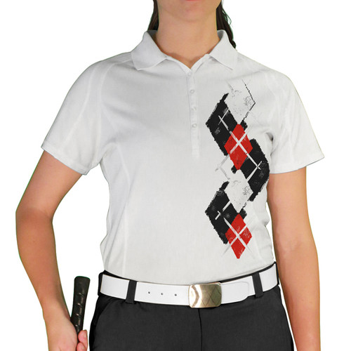 Ladies Sport Pro Dry White Microfiber Shirt with Black, Red and White Argyle Paradise Design Front