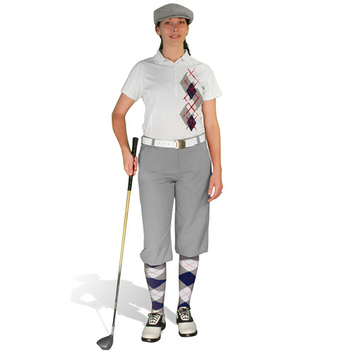 Ladies Golf Knickers Argyle Paradise Outfit H - Taupe/Navy/White