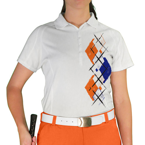 Ladies Sport Pro Dry White Microfiber Shirt with White, Royal Blue and Orange Argyle Paradise Design Front