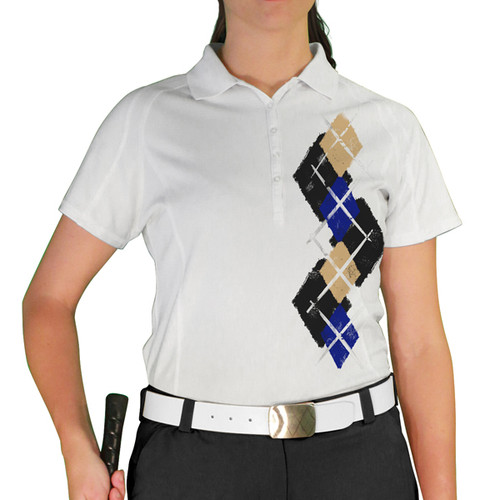 Ladies Sport Pro Dry White Microfiber Shirt with Black, Royal Blue and Khaki Argyle Paradise Design Front