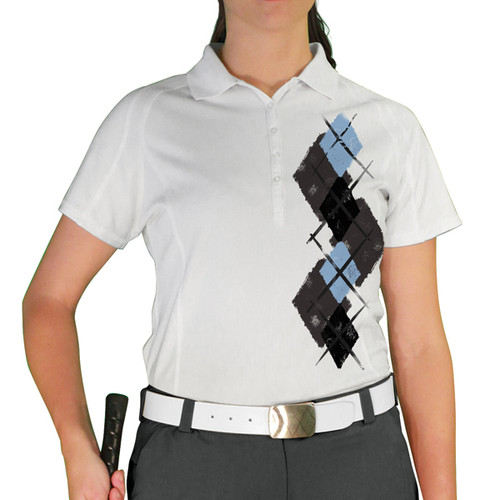 Ladies Sport Pro Dry White Microfiber Shirt with Charcoal, Black and Light Blue Argyle Paradise Design Front