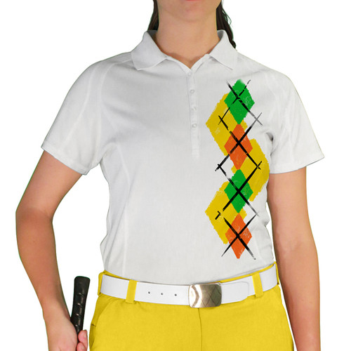 Ladies Sport Pro Dry White Microfiber Shirt with Yellow, Orange and Lime Green Argyle Paradise Design Front