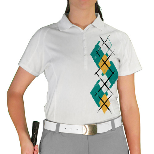 Ladies Sport Pro Dry White Microfiber Shirt with Teal, Bronze and White Argyle Paradise Design Front