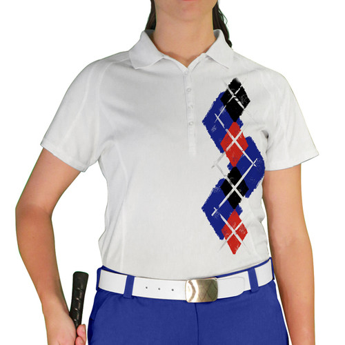 Ladies Sport Pro Dry White Microfiber Shirt with Royal Blue, Red and Black Argyle Paradise Design Front
