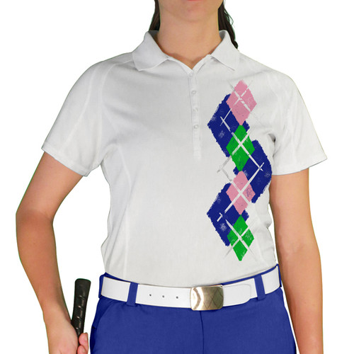 Ladies Sport Pro Dry White Microfiber Shirt with Royal Blue, Lime Green and Pink Argyle Paradise Design Front