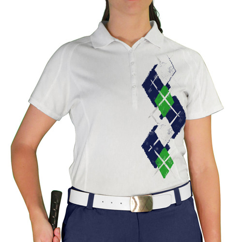 Ladies Sport Pro Dry White Microfiber Shirt with Navy Blue, Lime Green and White Argyle Paradise Design Front