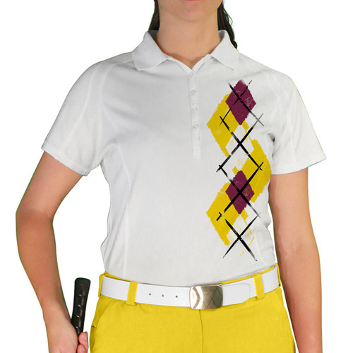 Ladies Sport Pro Dry White Microfiber Shirt with Yellow, Maroon and White Argyle Paradise Design Front