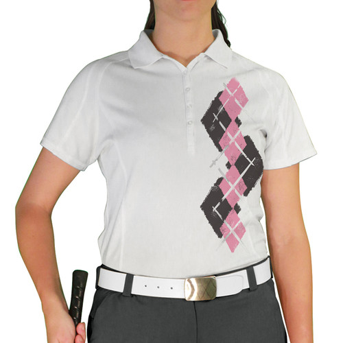 Ladies Sport Pro Dry White Microfiber Shirt with Charcoal and Pink Argyle Paradise Design Front
