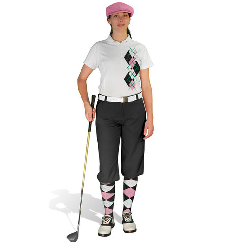 Ladies Golf Knickers Argyle Paradise Outfit PPP - Black/Pink/White