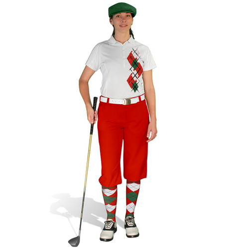 Ladies Golf Knickers Argyle Paradise Outfit 5P - Red/Dark Green/White