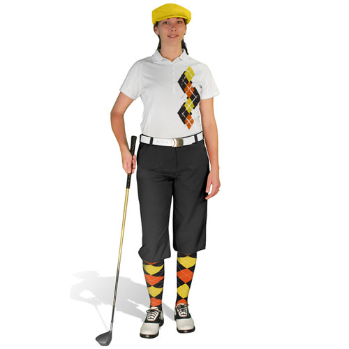Ladies Golf Knickers Argyle Paradise Outfit 6B - Black/Orange/Yellow