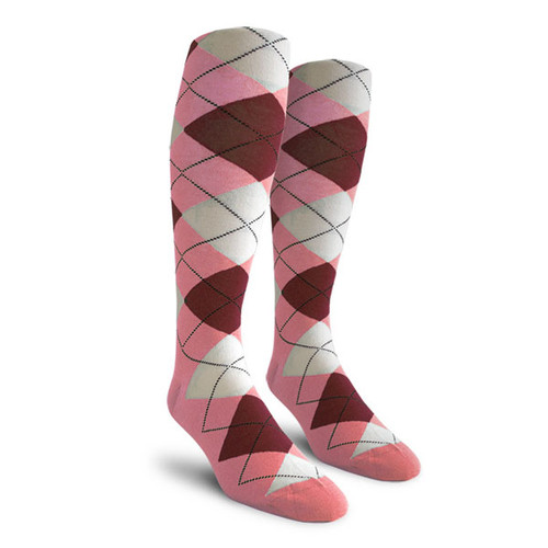 Ladies Over the Calf Argyle Socks Pink, Maroon and White