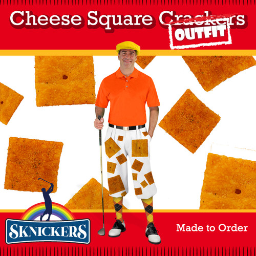 Mens Snickers Cheese Square Cracker Outfit Outdoor Sports White Microfiber Golf Knickers featuring Orange Cheddar flavored Square Crackers, With Matching Cap, Shirt and Argyle Socks