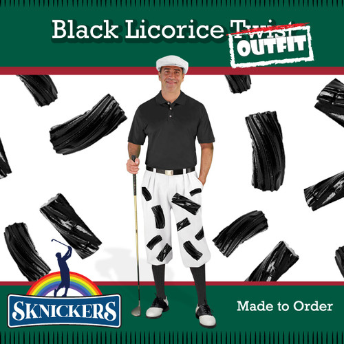 Mens Snickers Black Licorice Outfit Outdoor Sports White Microfiber Golf Knickers featuring Black Licorice Twists, With Matching Cap, Shirt and Solid Socks