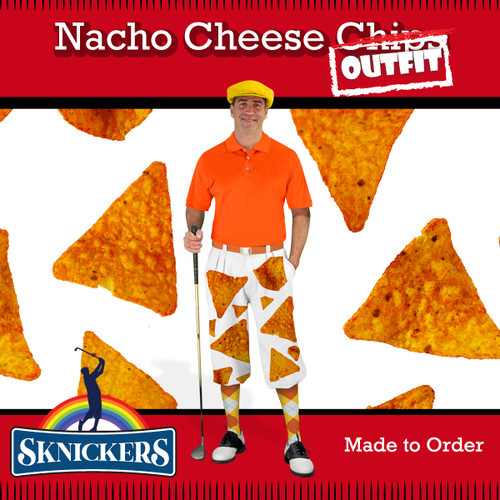 Mens Snickers Nacho Cheese Corn Chip Outfit Outdoor Sports White Microfiber Golf Knickers featuring Orange Nacho Cheese Chips, With Matching Cap, Shirt and Argyle Socks