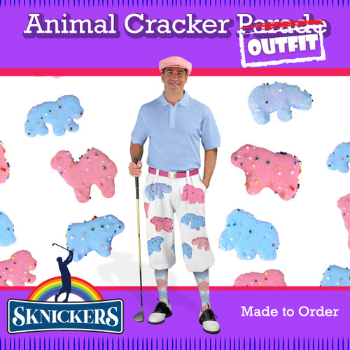 Mens Snickers Light Blue and Pink Animal Cracker Outfit Outdoor Sports White Microfiber Golf Knickers featuring Light Blue and Pink Animal Crackers including Rhino, Elephant, and Camal With Pink Cap, Light Blue Shirt and Matching Argyle Socks