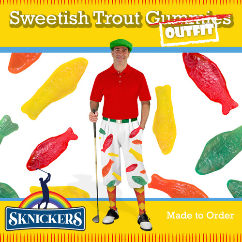 Mens Snickers Gummy Sweetish Trout Outfit Outdoor Sports White Microfiber Golf Knickers featuring Orange, Lime Green, Yellow Lemon and Red Cherry Gummy Fish With Matching Cap, Shirt and Argyle Socks