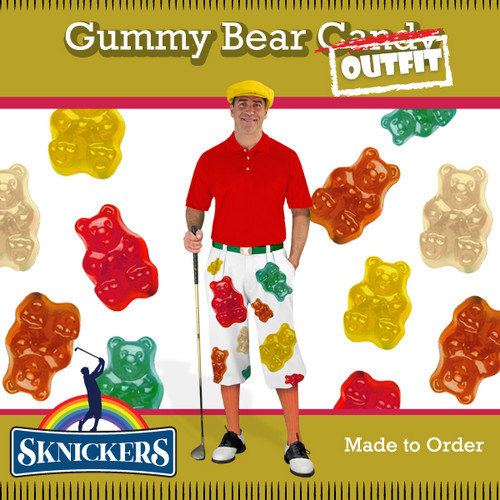 Mens Snickers Original Gummy Bear Outfit Outdoor Sports White Microfiber Golf Knickers featuring the Colors Red, White Orange, Yellow and Lime Green With Matching Cap, Shirt and Solid Socks