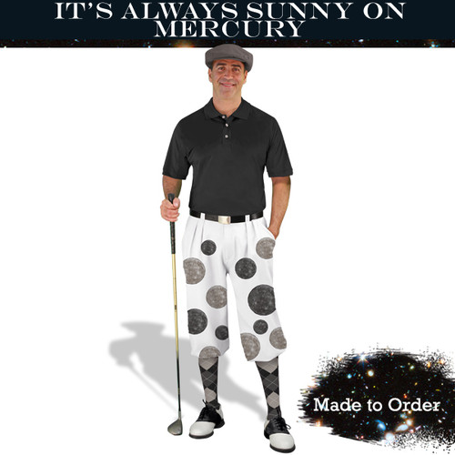 Mens Snickers Planet Mercury Outfit Outdoor Sports White Microfiber Golf Knickers featuring the Planet Mercury With Matching Cap, Shirt and Argyle Socks