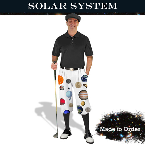 Mens Snickers Whole Solar System Outfit Outdoor Sports White Microfiber Golf Knickers featuring the Planets from the Sun to Pluto With Matching Cap, Shirt and Solid Socks