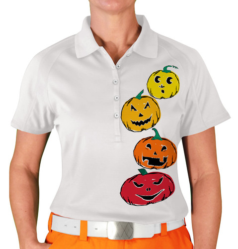 Ladies Sport White Microfiber Shirt with Limited Time Halloween Jack-O-Lantern Design Front