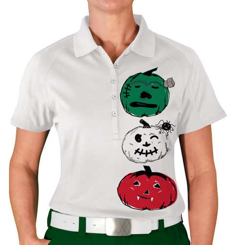 Ladies Sport White Microfiber Shirt with Limited Time Halloween Monster Jack-O-Lantern Design Front