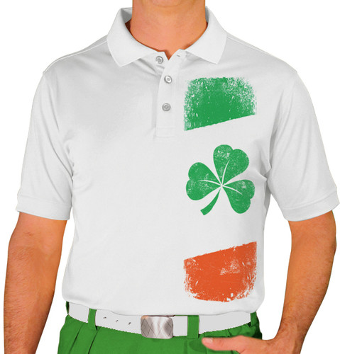 Mens Sport Pro Dry White Shirt with Shamrock Flag Design Front