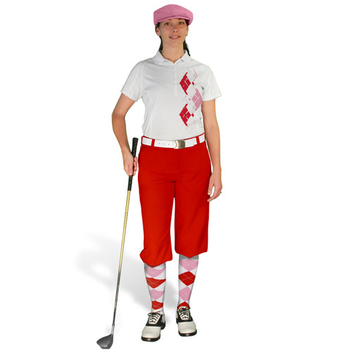 Ladies Golf Knickers Argyle Paradise Outfit 6Q - White/Pink/Red