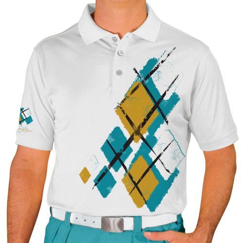 Mens Argyle Utopia Golf Shirt - 5G: Teal/Bronze/White