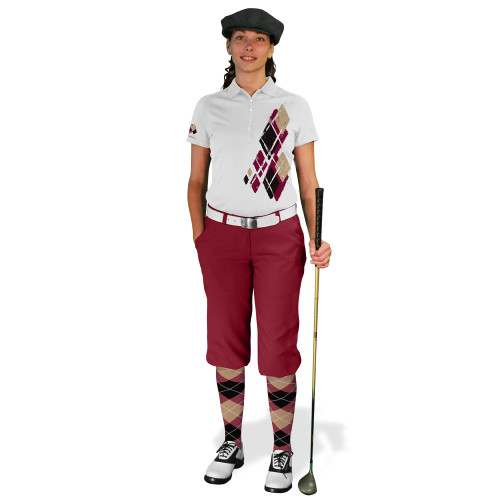 Ladies Golf Knickers Argyle Utopia Outfit CCCC - Maroon/Black/Khaki
