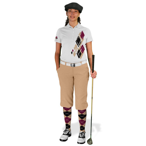 Ladies Golf Knickers Argyle Utopia Outfit HHH - Khaki/Black/Maroon