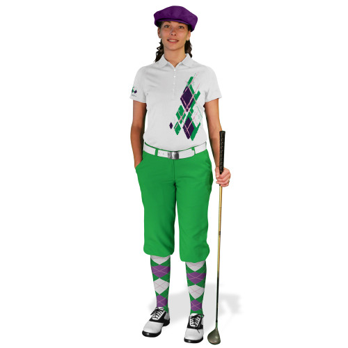 Ladies Golf Knickers Argyle Utopia Outfit LLL - Lime/Purple/White