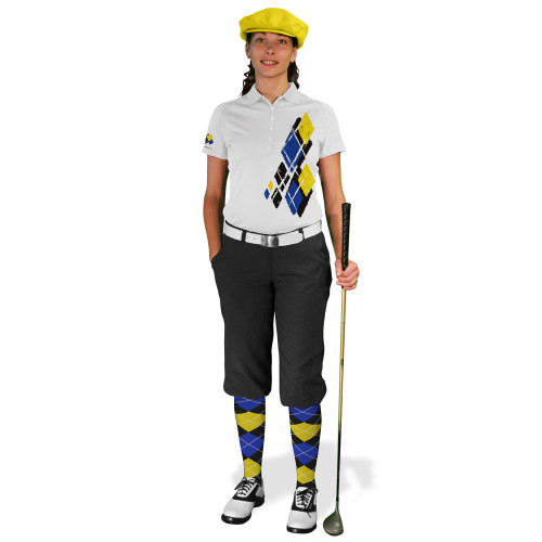 Ladies Golf Knickers Argyle Utopia Outfit SSSS - Black/Royal/Yellow