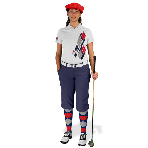 Ladies Golf Knickers Argyle Utopia Outfit V - Navy/Taupe/Red