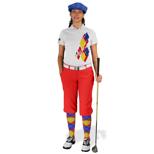 Ladies Golf Knickers Argyle Utopia Outfit 5B - Red/Yellow/Royal