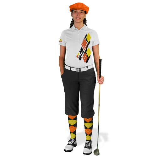 Ladies Golf Knickers Argyle Utopia Outfit 6B - Black/Orange/Yellow